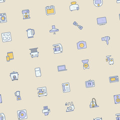 Home appliances seamless pattern with thin line icons: refrigerator, coffee machine, microwave, fryer. Household vector illustration for background.