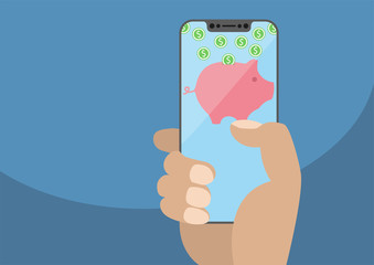 Hand holding modern bezel free smartphone. Piggy bank symbol and dollar coins displayed on frameless touchscreen. Concept for digital wallet and online payment or banking