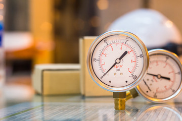 close-up of new set of pressure gauge on glass table preparation maintenance,job industry