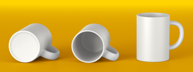 beautiful white ceramic mug. Front view, Lying on its side, the Bottom. Mock up Template for application design. 3D rendering.