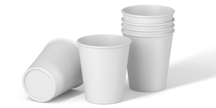 Composition White Paper Cups close up. tasty on white table. Exhibition equipment. Set template for the placement of the logo. 3d illustration Part 7