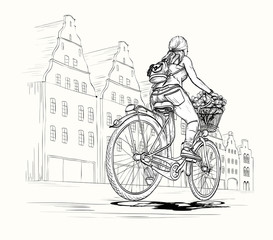 Bicyclist girl in city. Black and white.