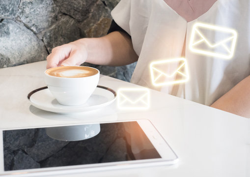 Woman play mobile,tablet  App Development Concept with Doodle design style mobile elements. mobile or tablet with cloud computing with blue background . - Powered by Adobe