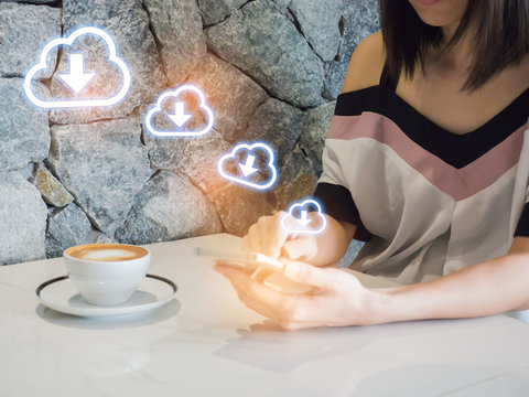 Woman play mobile,tablet  App Development Concept with Doodle design style mobile elements. mobile or tablet with cloud computing with blue background . - Powered by Adobe