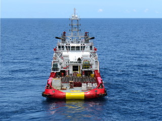Supply boat transfer cargo to oil and gas industry and moving cargo from the boat to the platform
