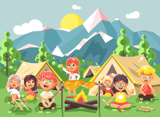 Naklejka premium hildren boy sings playing guitar with girl scouts, camping on nature, hike tents and backpacks, adventure park outdoor background of mountains flat style
