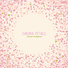 Fototapeta na wymiar Sakura petals. Spring flyer. Simple romantic frame for text. Blooming cherry blossom petals. Hanami. Japanese Culture. Scatter. Warm colors. Spring is coming.