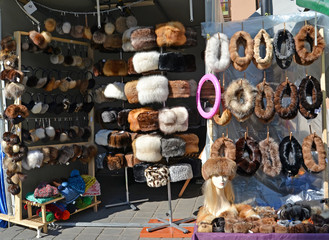 Sale of fur products in the market in Poland