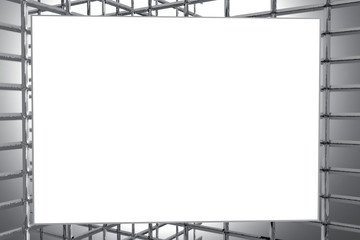 3d rendering. white mock up square hanging on the metal fence. good for message, name, title or any else.