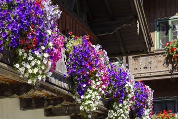 Balcony flowers on a house in Kochel, Bavaria