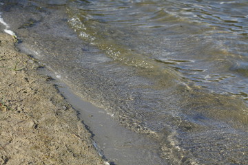 Fototapeta na wymiar Schäumendes Wasser mit Gräsern an einem Seeufer