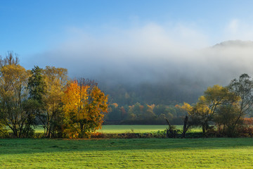 Sonnenlicht und Nebel am frühen Morgen im Herbst