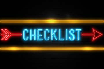 Obraz premium Checklist - fluorescent Neon Sign on brickwall Front view