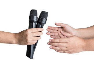 hand holding microphone isolated on white background