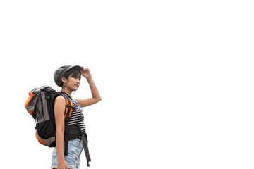 Young Asian woman traveler tourist shopping walking on the famous local street market with backpack , vacation, tourism concept,isolated on white