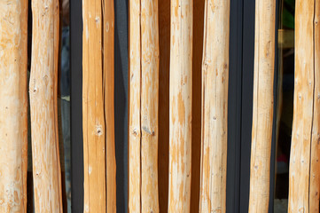 Texture, pine tree branches, arranged in a single row. Creative solution for a fence, exterior wall, design
