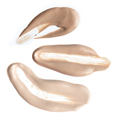 Collection of various make up liquid foundation stroke on white background