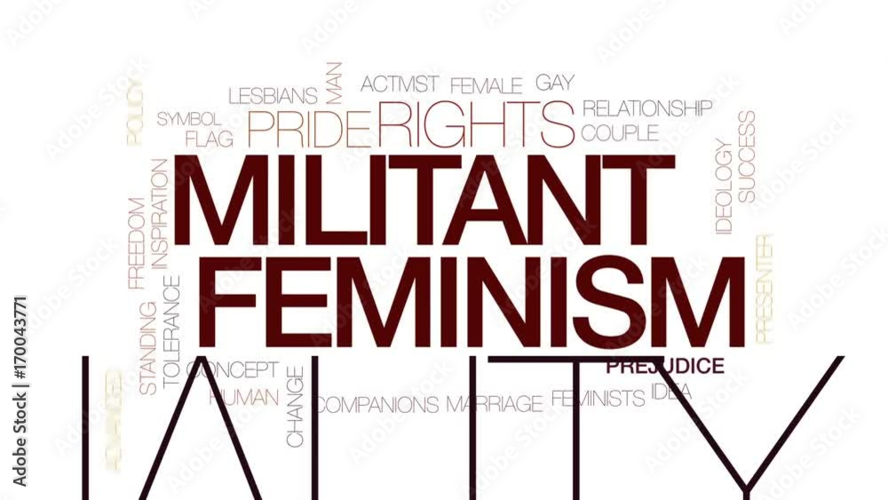 Sticker Militant feminism animated word cloud, text design animation. Kinetic typography.