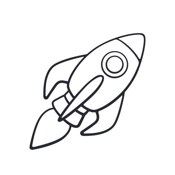 Vector illustration. Hand drawn doodle of rocket space with a flame from a turbine. Cartoon sketch. Isolated on white background  