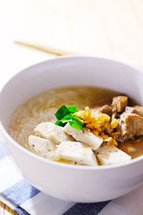 white pork sausage with noodle in soup, asian style