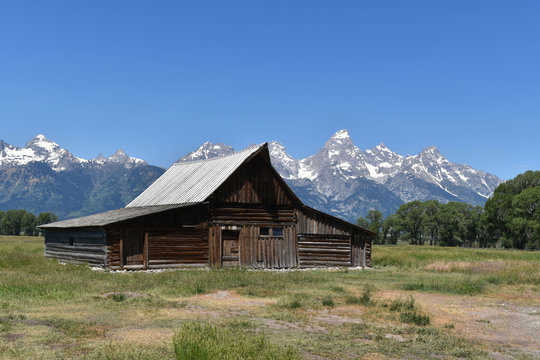 Mormon Row Weathered Barn, with Grand Teton National Park, Wyoming, USA in background
