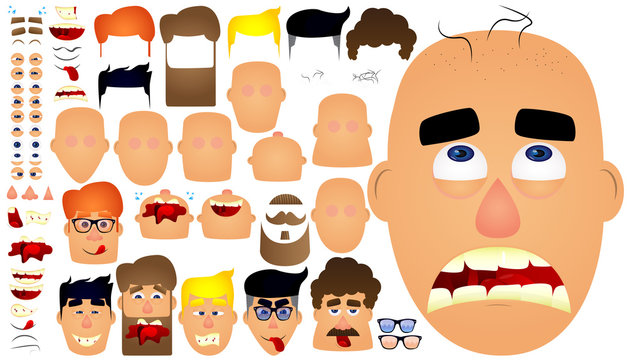 Cartoon male face characters for your template. Big set of emotions, facial expressions. Vector illustration.