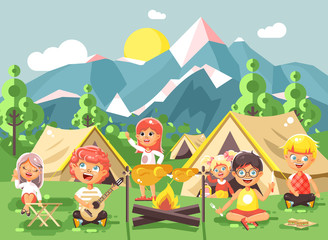  hildren boy sings playing guitar with girl scouts, camping on nature, hike tents and backpacks, adventure park outdoor background of mountains flat style