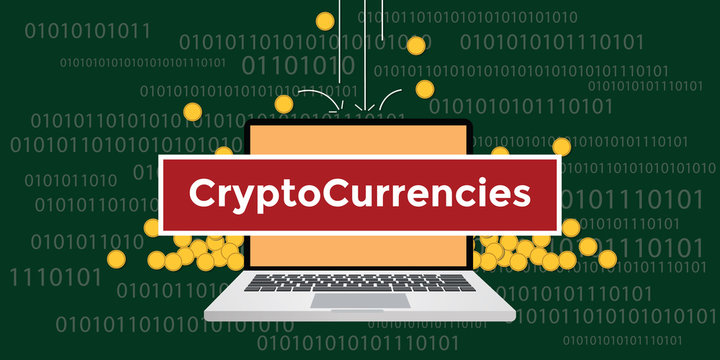 cryptocurrency concept with laptop and text with gold coin money fall and binary code as background