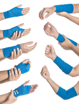 Collection of Hand wrapped in elastic bandage on white background,hand pain