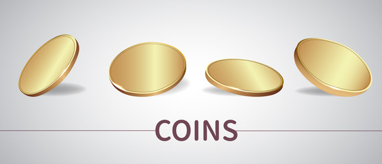 Gold coins set 3d realistic. Vector illustration coins with real shadow on silver background.