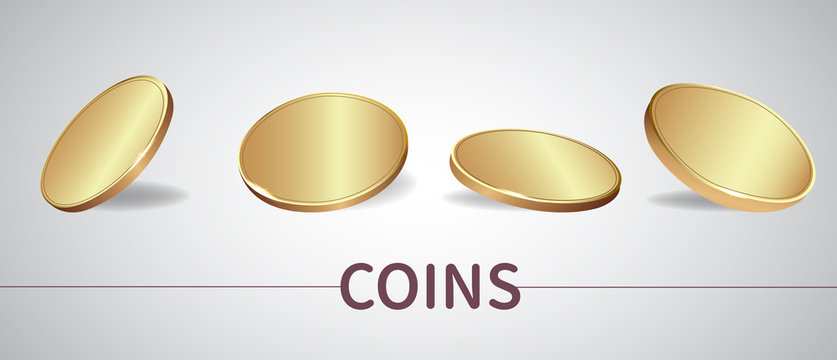 Gold coins set 3d realistic. Vector illustration coins with real shadow on silver background.