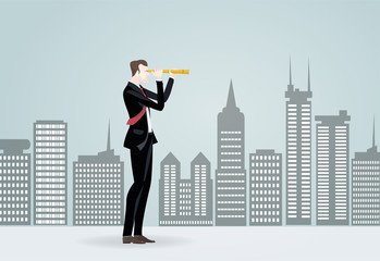 Fototapeta premium Successful businessmen looking with the telescope in the city and red growth charts. Business concept illustration