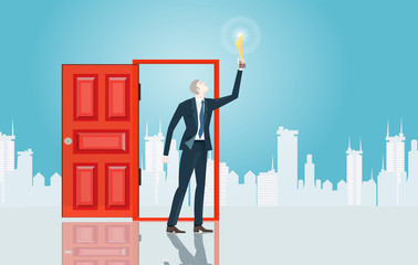 Successful businessmen with the trophy in front of the red door, represents opportunities and professional career. Business concept illustration