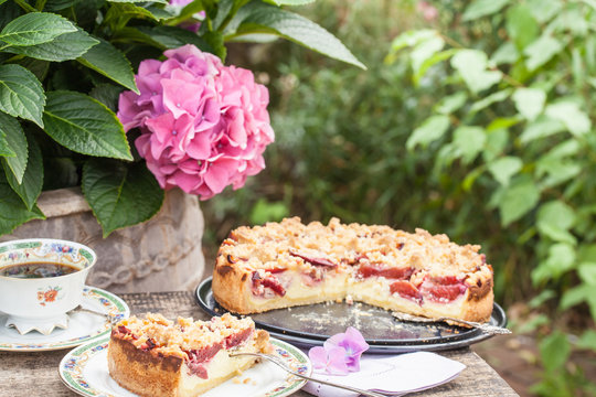 Kaffeegedeck mit Pflaumen-K&auml;sekuchen im Garten