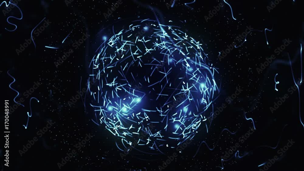 Wall mural blue sphere in space with glowing particles. abstract background. loop video. seamless. beautiful ba
