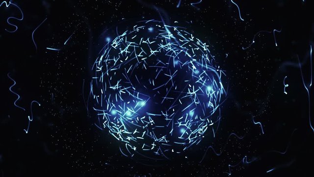 Blue sphere in space with glowing particles. Abstract background. Loop video. Seamless. Beautiful background with particles. Isolated sphere on black background with particles