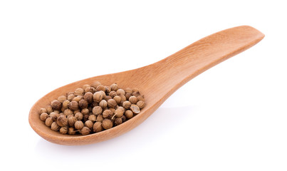 coriander seeds in spoon wooden on white background