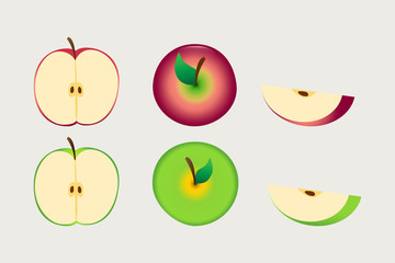 Collection of red and green apple whole and sliced