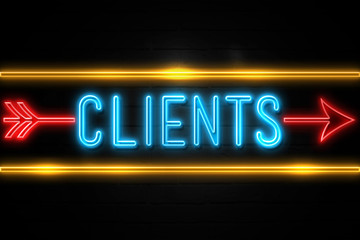 Clients  - fluorescent Neon Sign on brickwall Front view