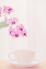 Coffee cup and beautiful purple orchid flowers on wood table over soft white background,pastel filter
