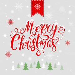 Merry Christmas hand drawn lettering over winter background vector illustration.