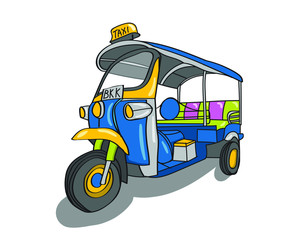 Thai traditional Tuk Tuk Taxi of Thailand in Bangkok, Vector hand drawing 