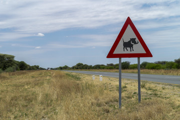 Verkehrsschild mit Warnung vor Warzenschweinen in Namibia