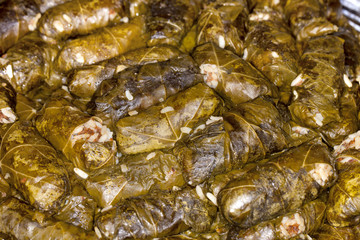 A pile of dolmades Grape leaves