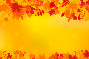 Naklejka na ściany i meble Colorful Autumn Leaves on Orange Background with Space for Your Text. Vector Illustration for the Autumn Theme.