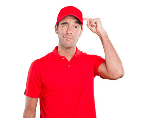 Worried delivery man with a gesture of confusion