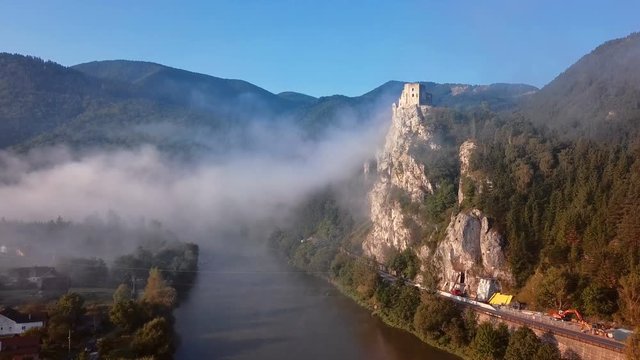 Flying around abandoned clifftop Strecno castle, Slovakia.