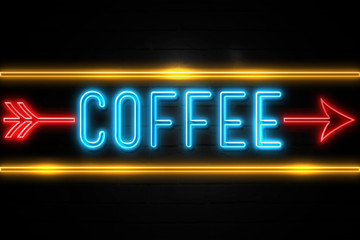 Coffee  - fluorescent Neon Sign on brickwall Front view