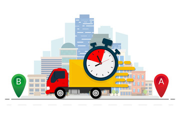 Fast delivery truck on city background. Vector illustration. Flat design. ESP10.