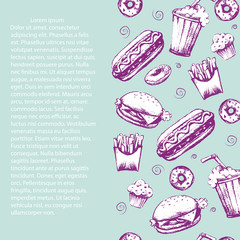 Fast food, sketch. fast food, background drawn. vector illustration